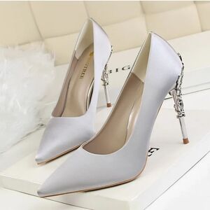 BIGTREE Women's Satin High Heel Shoes Pointed Toe Pumps 5.5 US GRAY SILVER